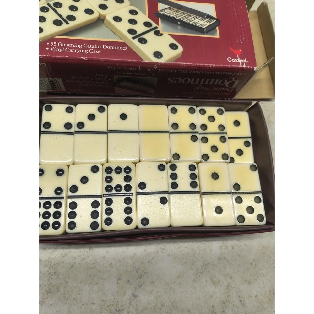 Vintage Cardinal Double Nine Dominoes Set Red‎ Vinyl Case 1993